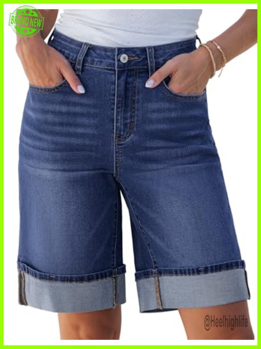 High Waisted Jean Bermuda Shorts Knee Length Cuffed Stretchy Denim